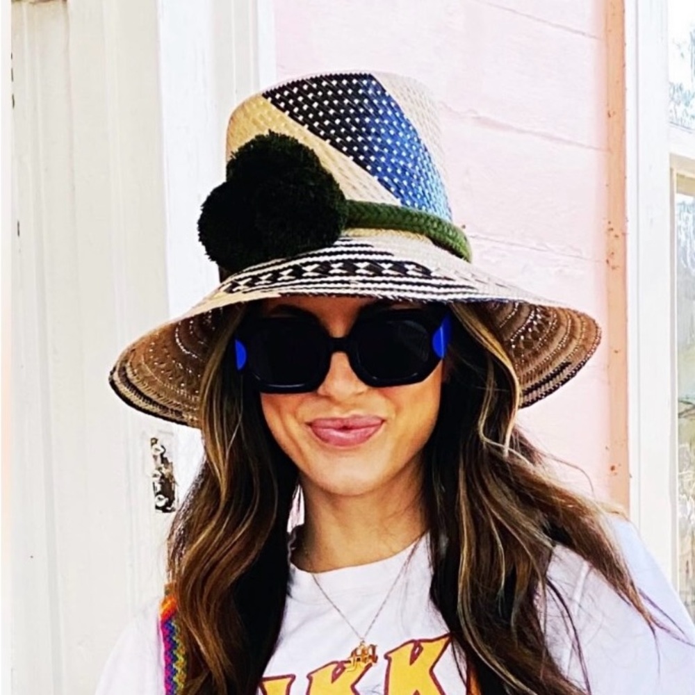 Cream and  dark Green Wide-Brimmed Sun Hat with Decorative Pom-Pom handwoven
